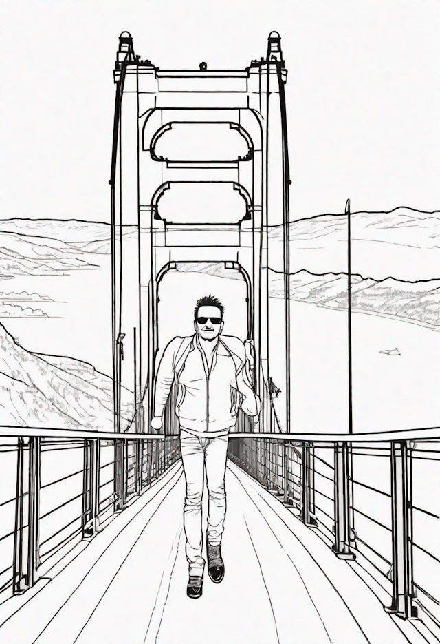 A coloring page of Bono walking across the golden gate bridge