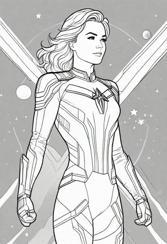 A coloring page of Captain Marvel in space
