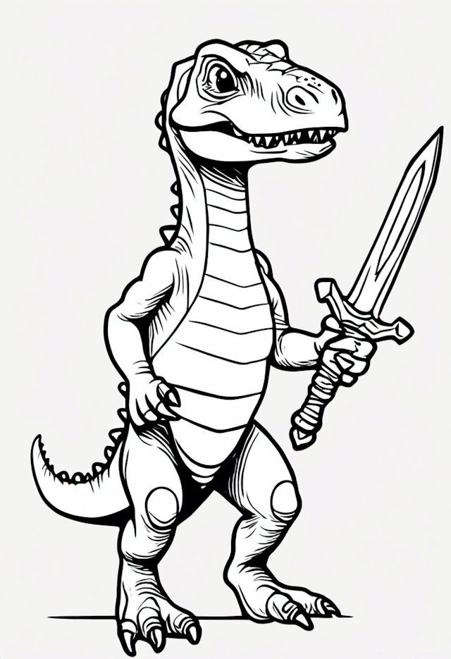 A coloring page of Little Dino holding a sword