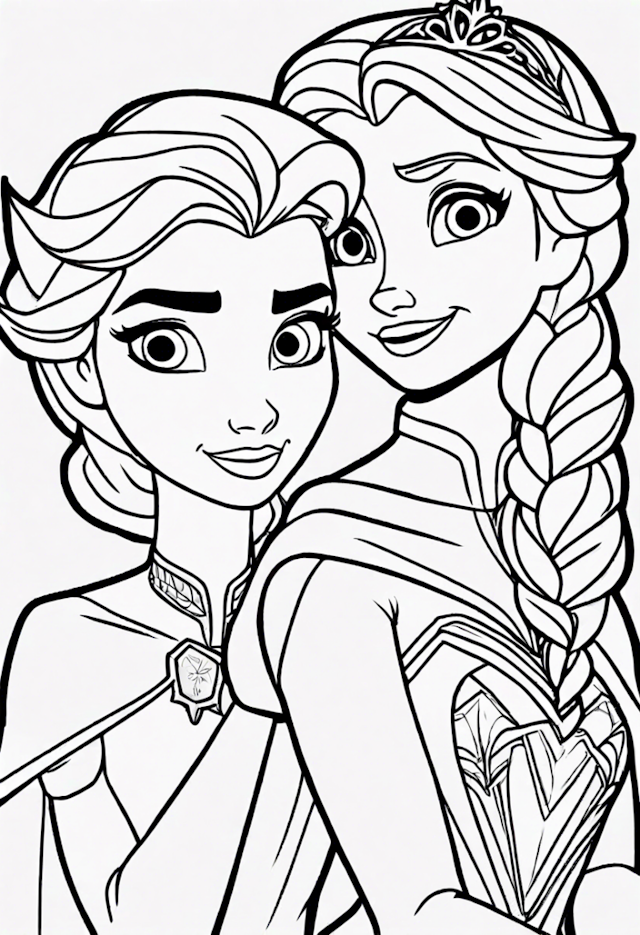 A coloring page of Elsa and Anna