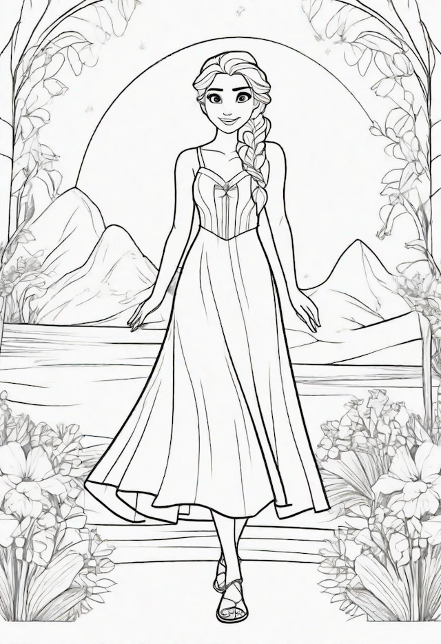 A coloring page of Elsa in a sundress