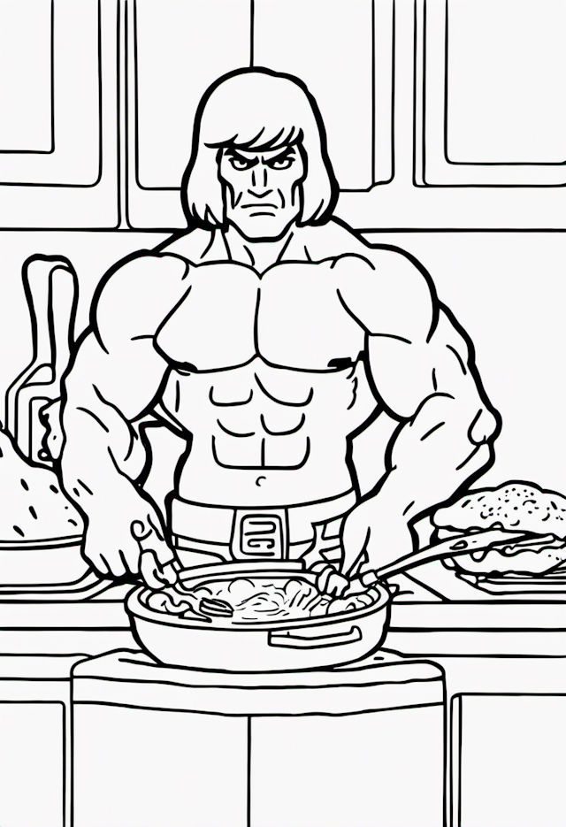 A coloring page of He man cooking breakfast