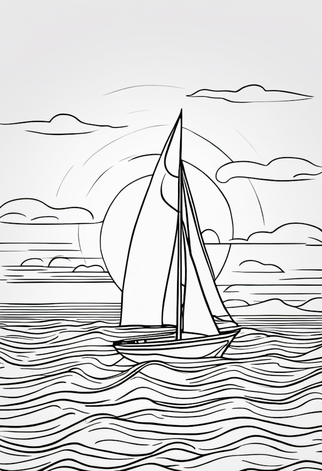 A coloring page of Sailboat in the ocean during sunrise