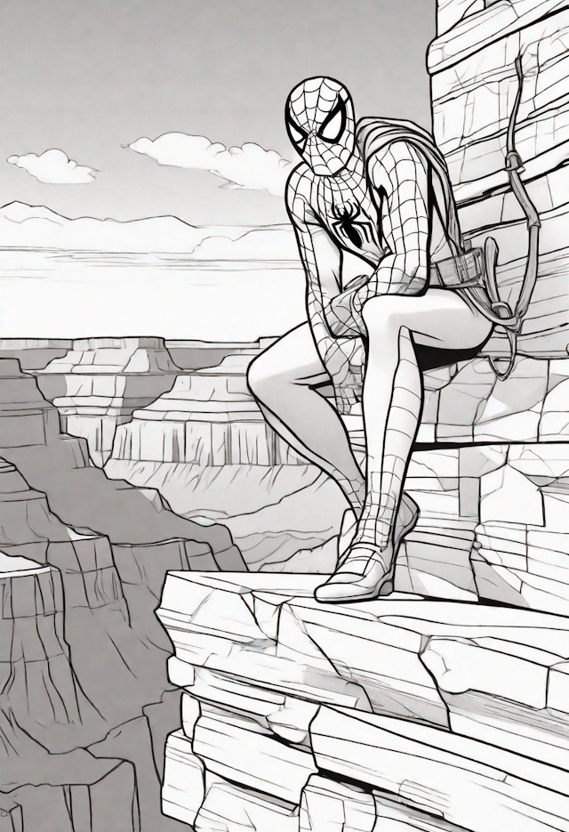 A coloring page of Spiderman at the Grand Canyon