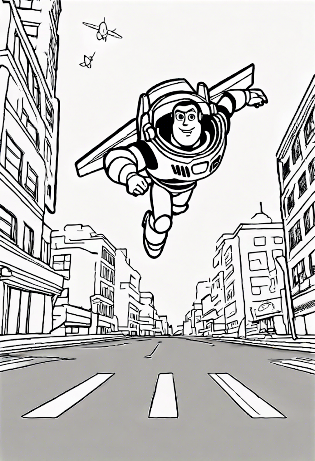 Buzz Lightyear Flying Over A Street coloring pages