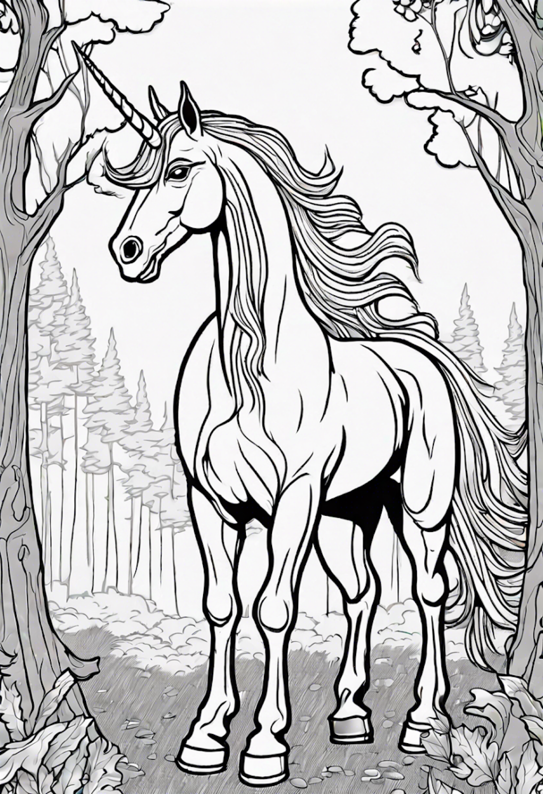 Enchanted Unicorn In A Forest coloring pages