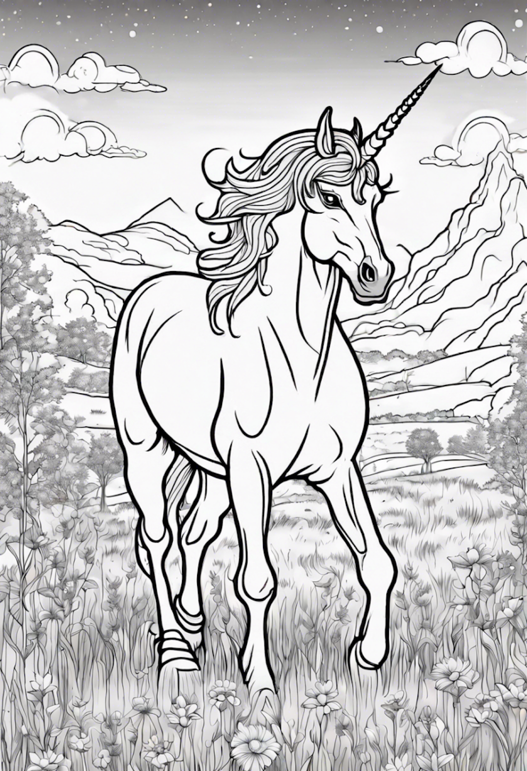 Mystical Unicorn In A Meadow coloring pages