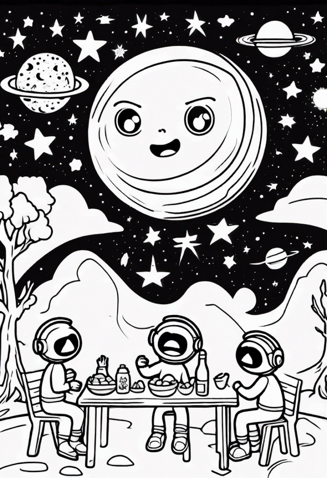Six Surprised Stars Having A Picnic In Space coloring pages