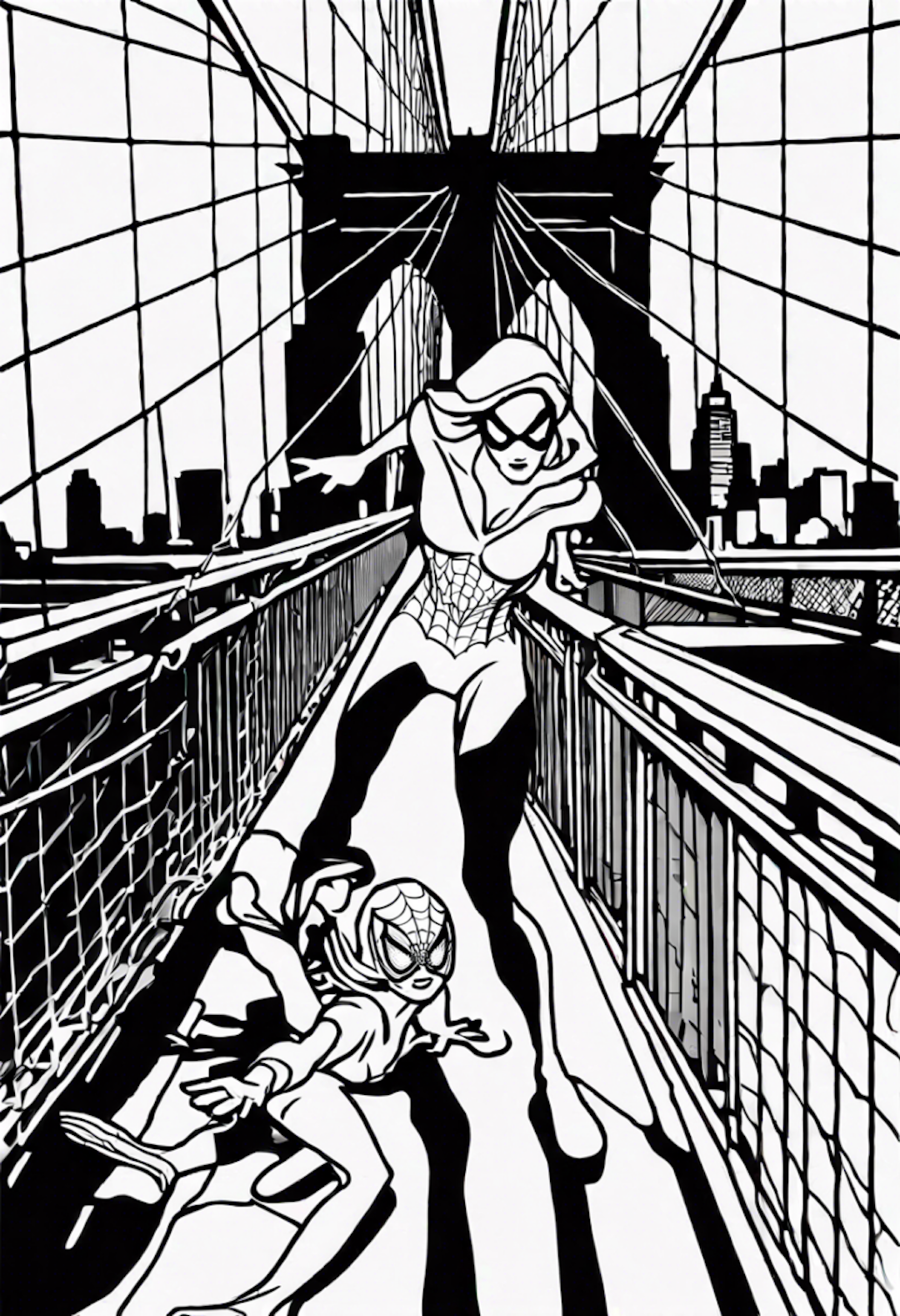 Spiderman Saving Mary Jane At The Brooklyn Bridge coloring pages