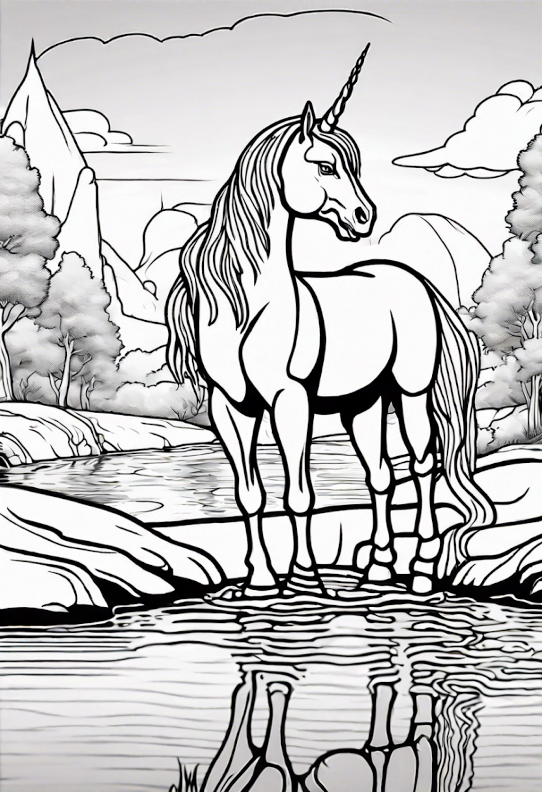 Ultrarealistic Unicorn Drinking From A River coloring pages